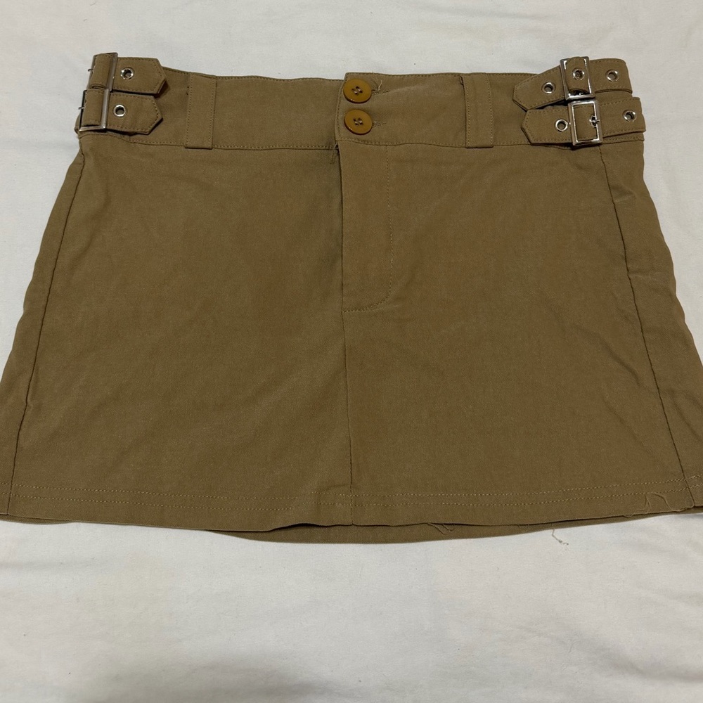 Tan Mini Skirt with Buckle Accents